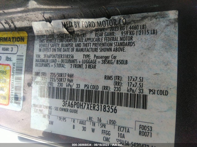 Ford FUSION SE 2014 3FA6P0H7XER318356 Image 10