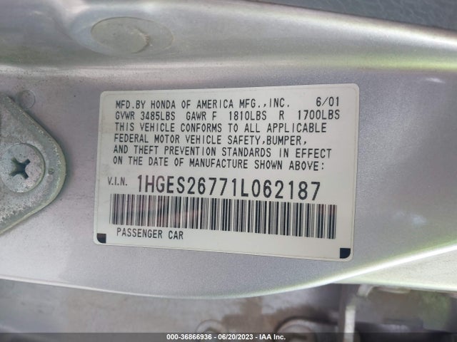 2001 HONDA CIVIC EX VIN: 1HGES26771L062187