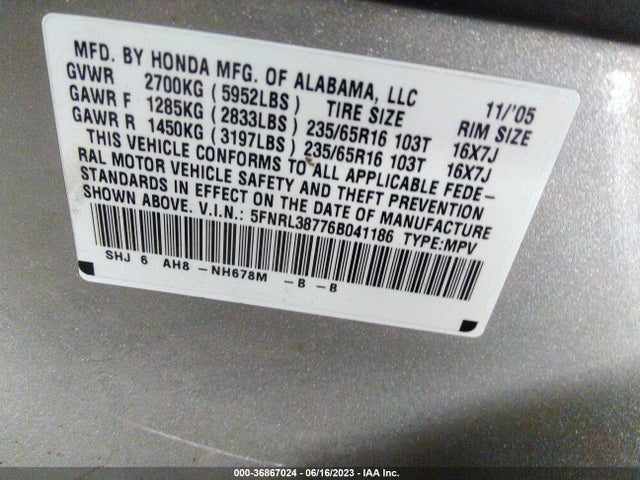2006 HONDA ODYSSEY EX-L VIN: 5FNRL38776B041186