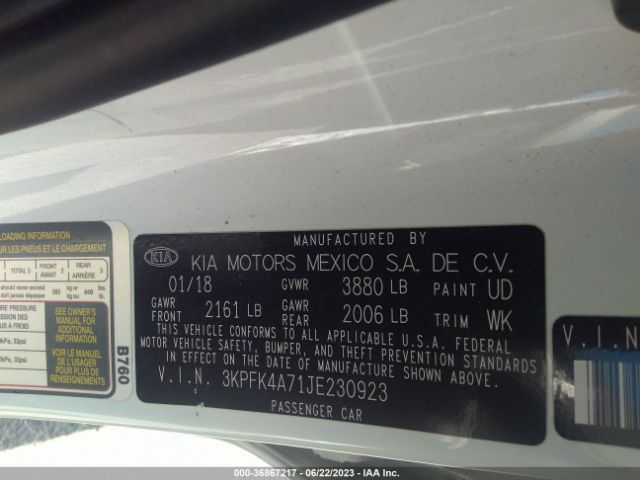 3KPFK4A71JE230923 KIA FORTE LX