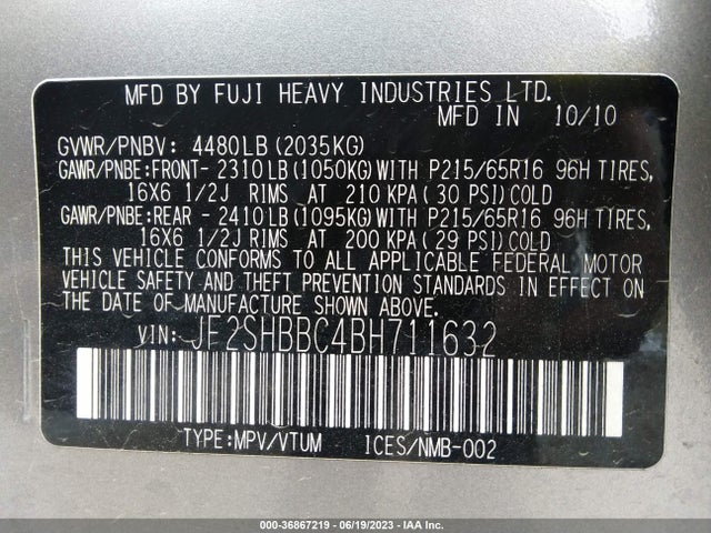 2011 SUBARU FORESTER 2.5X VIN: JF2SHBBC4BH711632