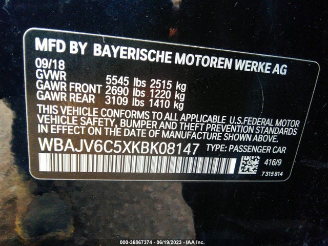 2019 BMW 6 Series, VIN: WBAJV6C5XKBK08147