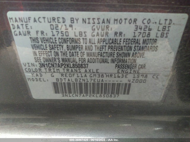 Nissan Versa Sedan Sv 2019 3N1CN7AP2KL850837 Image 15