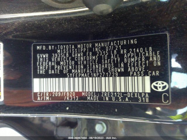 5YFEPMAE1NP271729 Toyota COROLLA LE