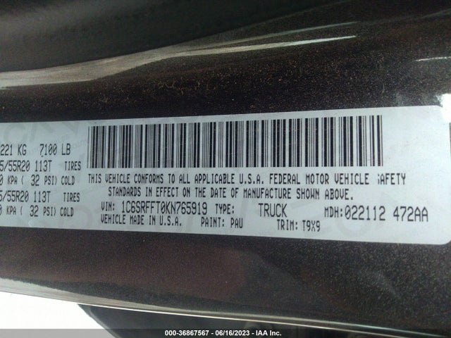 1C6SRFFT0KN765919 RAM 1500 Big Horn/lone Star