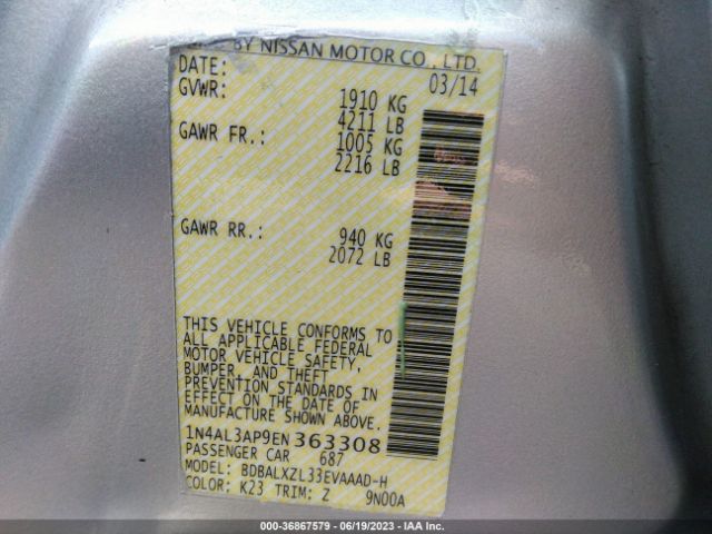 1N4AL3AP9EN363308 Nissan Altima 2.5 Sl