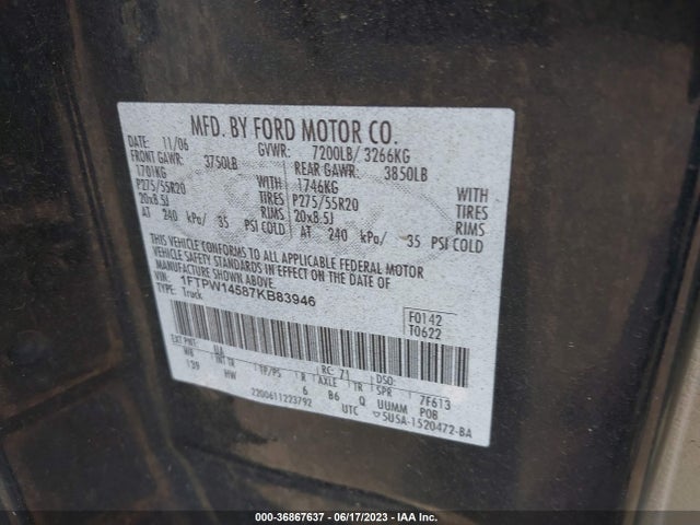2007 FORD F-150 XLT/FX4/LARIAT/KING RANCH VIN: 1FTPW14587KB83946