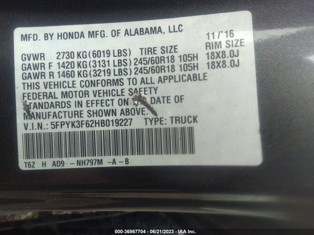 Honda Ridgeline Rtl-t 2017 5FPYK3F62HB019227 Image 9