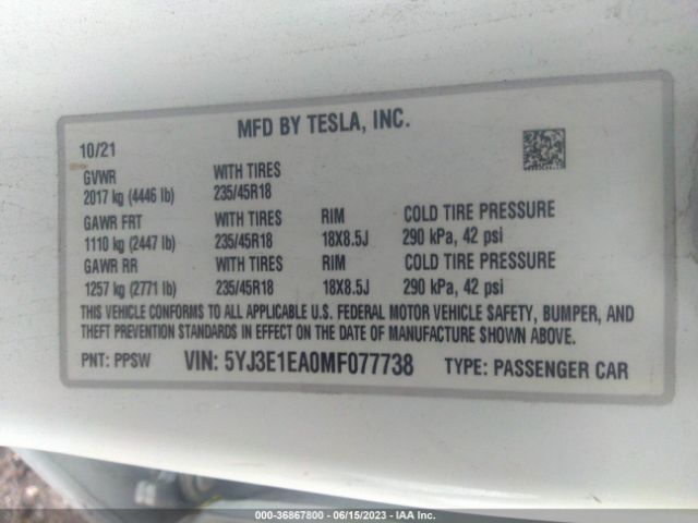 5YJ3E1EA0MF077738 Tesla Model 3 Standard Range Plus