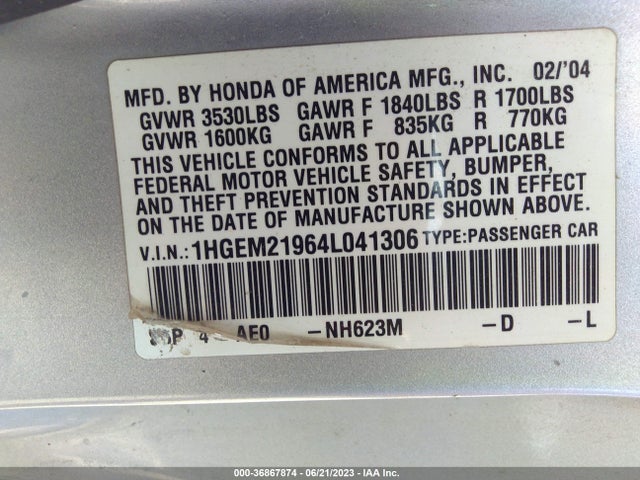 2004 HONDA CIVIC EX VIN: 1HGEM21964L041306