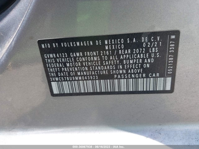 3VWC57BU9MM043923 Volkswagen Jetta S/se/r-line