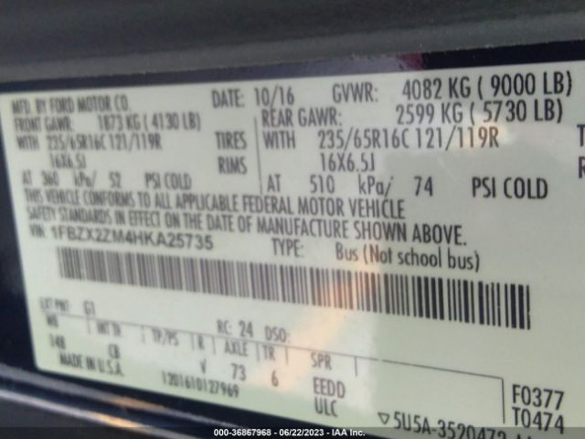 1FBZX2ZM4HKA25735 Ford Transit Wagon Xl/xlt