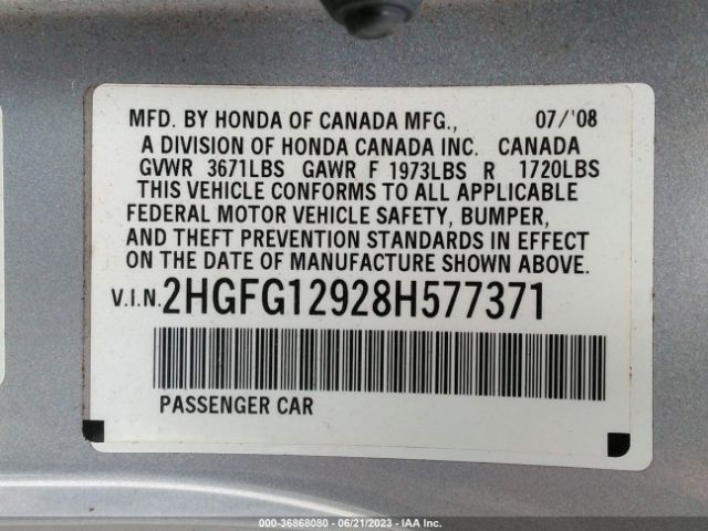 2008 HONDA CIVIC CPE 2HGFG12928H577371 Photo 8