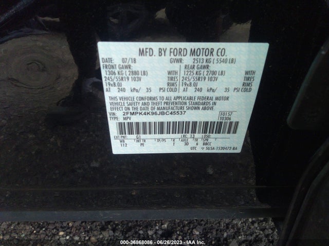 2018 FORD EDGE TITANIUM VIN: 2FMPK4K96JBC45537