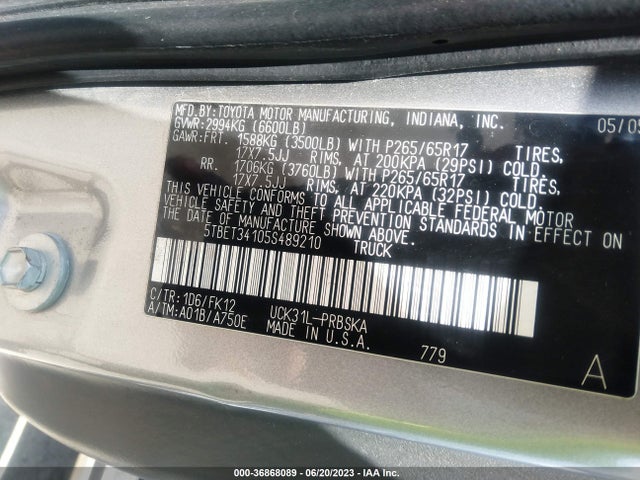 Продаж на аукціоні авто 2005 Toyota Tundra Sr5, vin: 5TBET34105S489210, номер лоту: 36868089