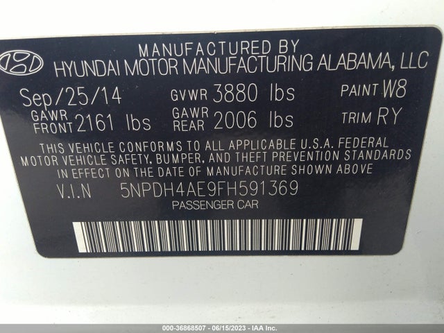 2015 HYUNDAI ELANTRA LIMITED VIN: 5NPDH4AE9FH591369