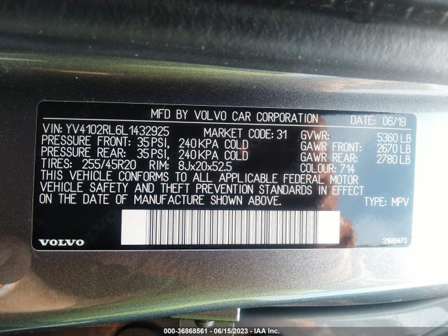 2020 VOLVO XC60 INSCRIPTION VIN: YV4102RL6L1432925