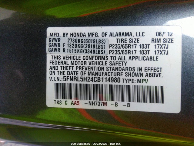2012 HONDA ODYSSEY LX VIN: 5FNRL5H24CB114980