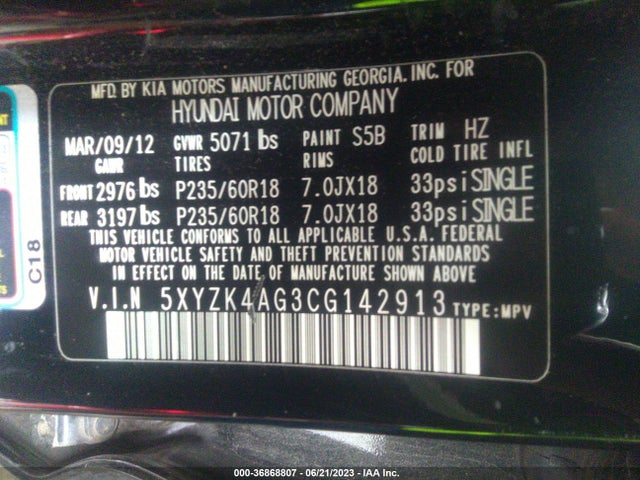 2012 HYUNDAI SANTA FE LIMITED VIN: 5XYZK4AG3CG142913