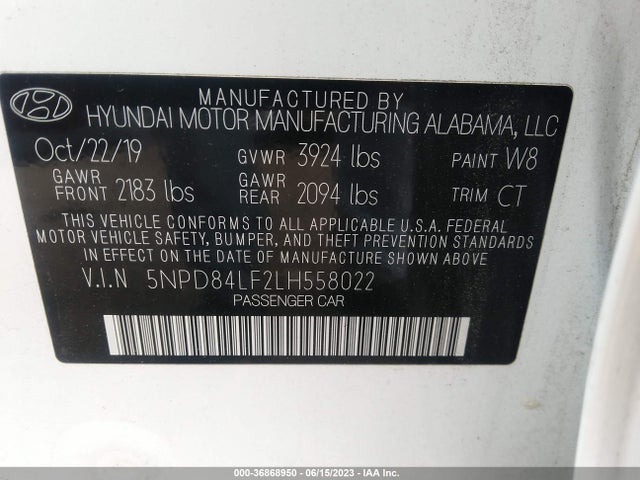 2020 HYUNDAI ELANTRA SEL VIN: 5NPD84LF2LH558022