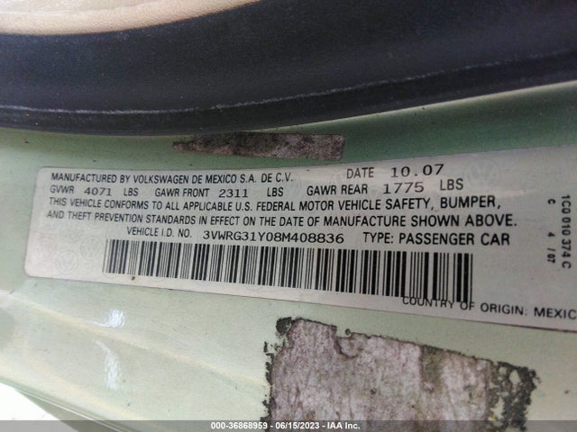 2008 VOLKSWAGEN NEW BEETLE CONVERTIBLE SE VIN: 3VWRG31Y08M408836