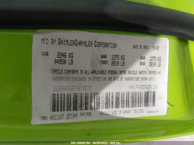 2007 DODGE CHARGER VIN: 2B3KA43G27H816673