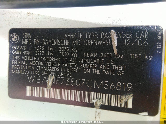 2007 BMW 5 SERIES 530I VIN: WBANE73507CM56819