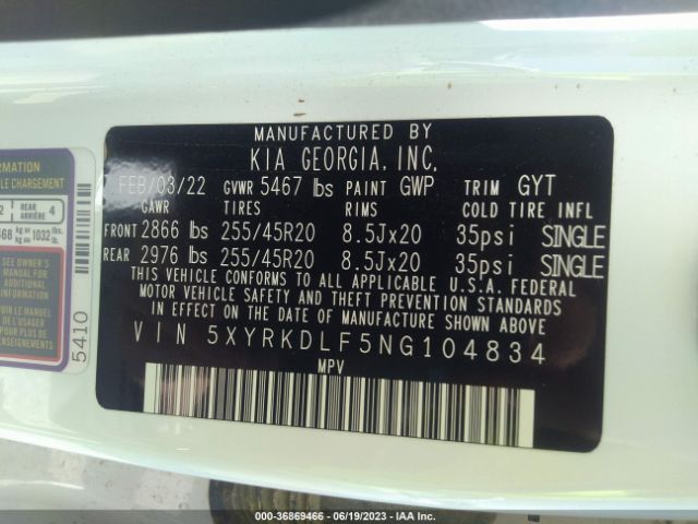 5XYRKDLF5NG104834 KIA SORENTO SX