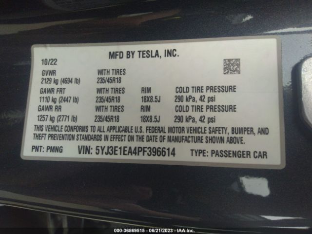 5YJ3E1EA4PF396614 Tesla MODEL 3