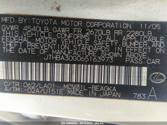 2006 LEXUS ES 330 VIN: JTHBA30G065163973