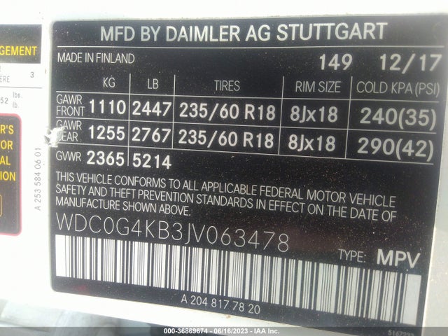 2018 MERCEDES-BENZ GLC GLC 300 VIN: WDC0G4KB3JV063478