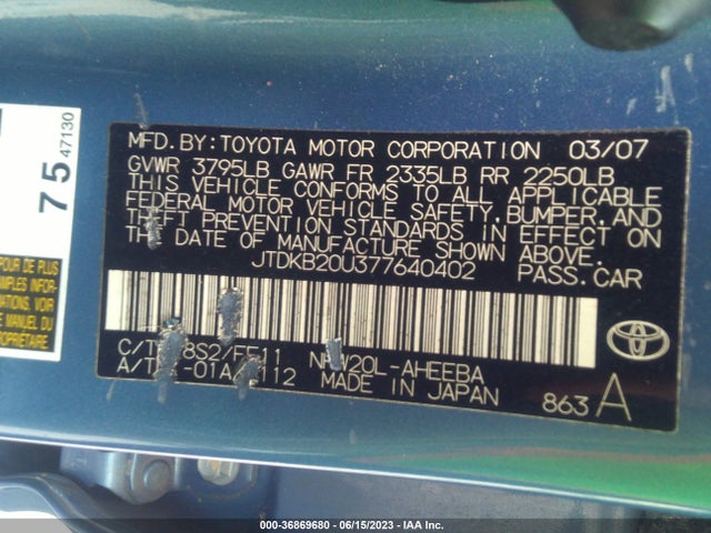 2007 TOYOTA PRIUS VIN: JTDKB20U377640402