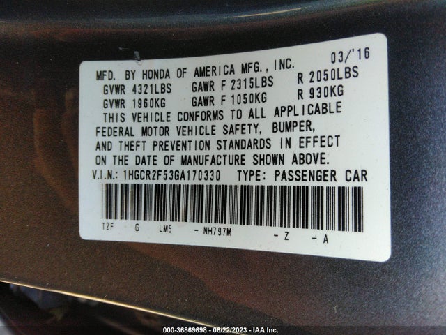 2016 HONDA ACCORD SEDAN SPORT VIN: 1HGCR2F53GA170330