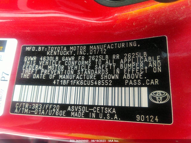 2012 TOYOTA CAMRY L/LE/SE/XLE VIN: 4T1BF1FK6CU548552