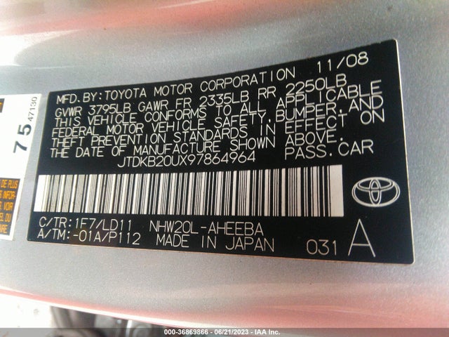 2009 TOYOTA PRIUS VIN: JTDKB20UX97864964