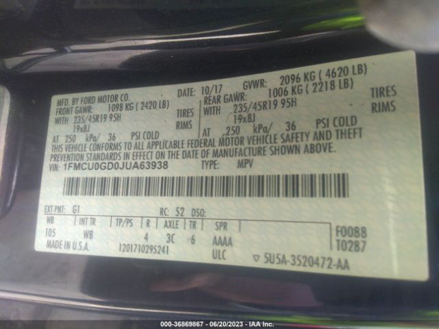 1FMCU0GD0JUA63938 Ford ESCAPE SE