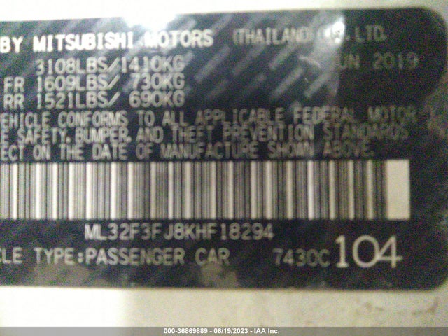 2019 MITSUBISHI MIRAGE G4 ES/RF VIN: ML32F3FJ8KHF18294