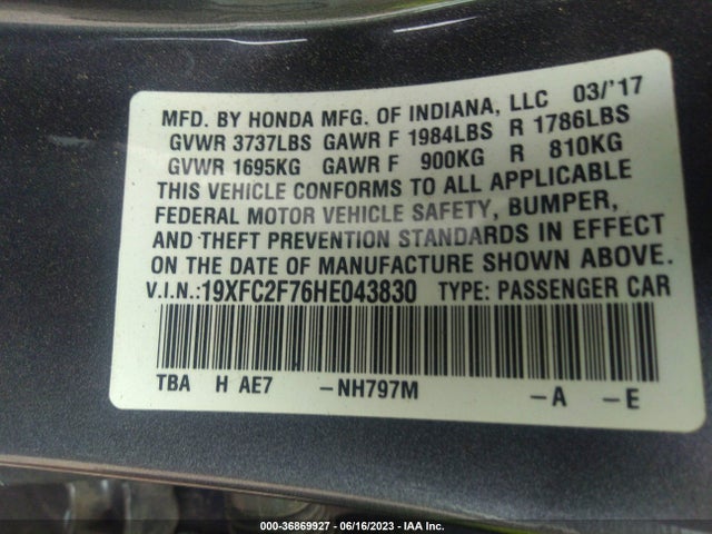 Honda Civic Sedan Ex 2017 19XFC2F76HE043830 Image 9