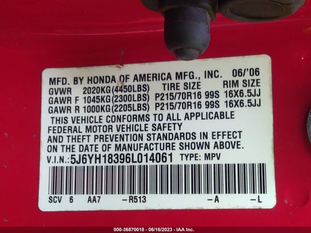 36870018 :رقم المزاد ، 5J6YH18396L014061 vin ، 2006 Honda Element Lx مزاد بيع