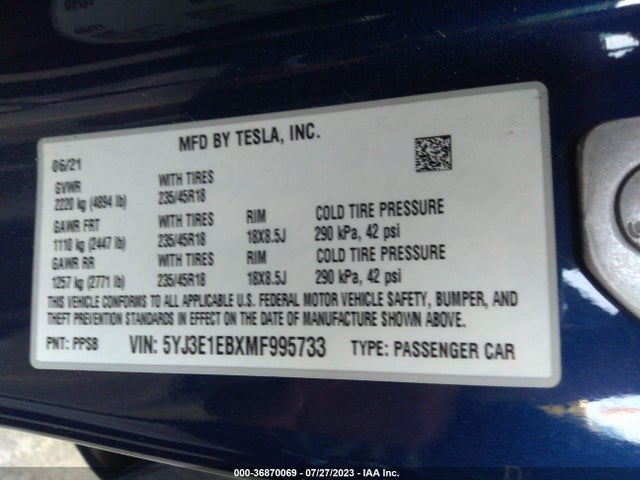 Tesla Model 3 Long Range 2021 5YJ3E1EBXMF995733 Image 17