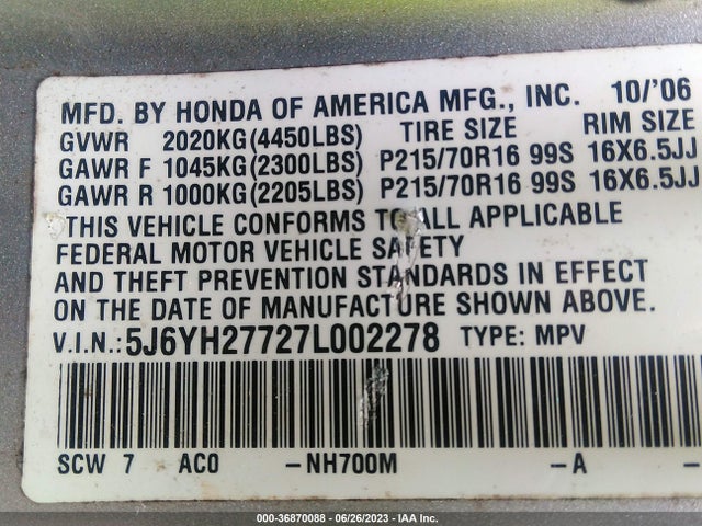 2007 HONDA ELEMENT EX VIN: 5J6YH27727L002278