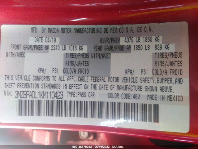 Mazda Mazda3 Sedan W/preferred Pkg 2019 3MZBPADL1KM110423 Image 15