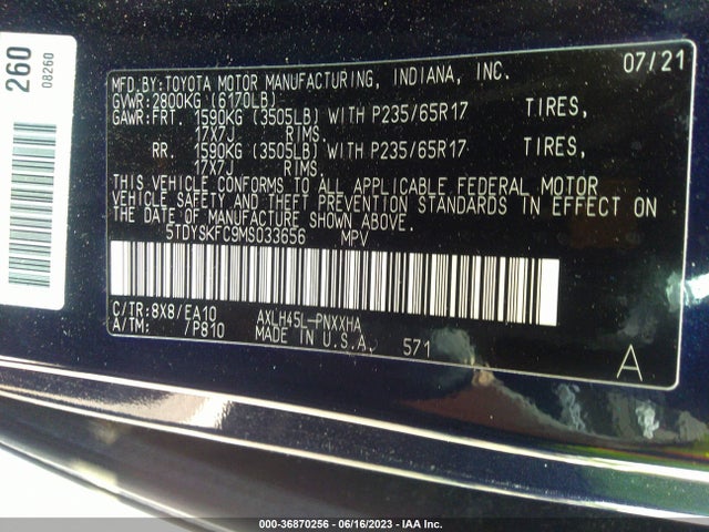 2021 TOYOTA SIENNA XLE VIN: 5TDYSKFC9MS033656