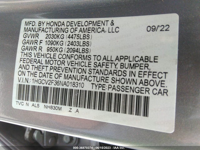 2022 HONDA ACCORD SEDAN SPORT VIN: 1HGCV2F36NA018310