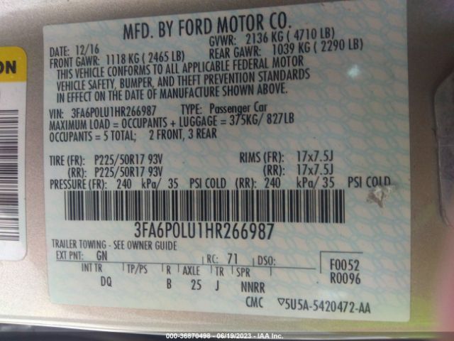 3FA6P0LU1HR266987 Ford Fusion Hybrid Se