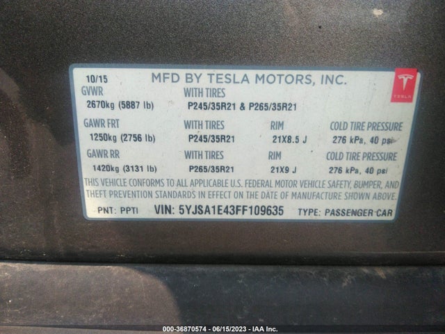 2015 TESLA MODEL S 85D/P85D/90D/P90D VIN: 5YJSA1E43FF109635