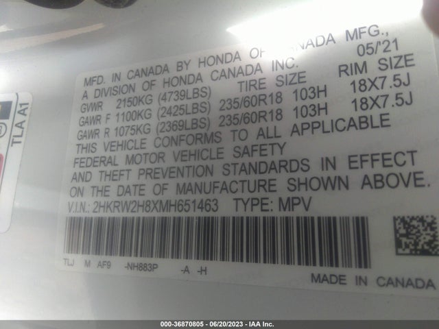 Honda Cr-v Ex-l 2021 2HKRW2H8XMH651463 Image 9