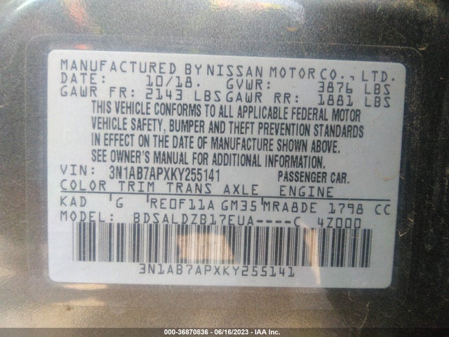 Nissan SENTRA SV 2019 3N1AB7APXKY255141 Image 9