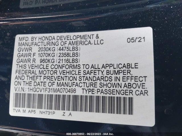 2021 HONDA ACCORD SEDAN SPORT VIN: 1HGCV1F31MA070498