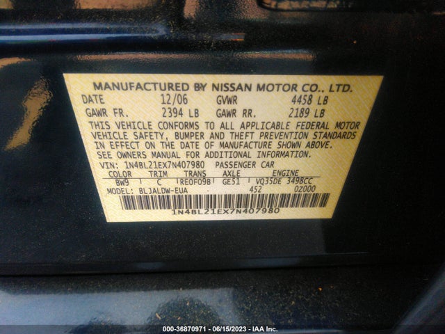 2007 NISSAN ALTIMA 3.5 SE VIN: 1N4BL21EX7N407980